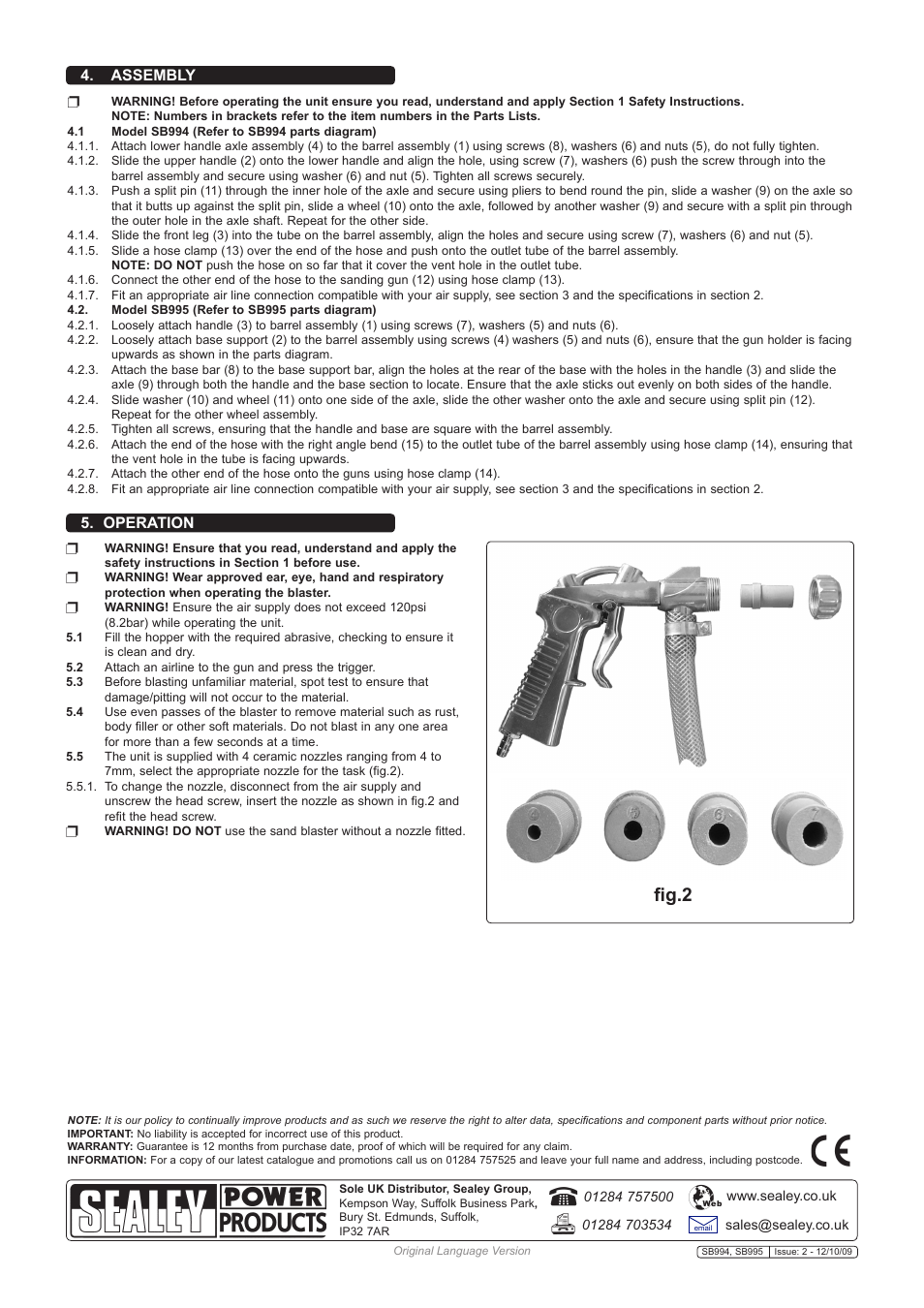 Fig.2, Assembly 5. operation | Sealey SB994 User Manual | Page 2 / 2