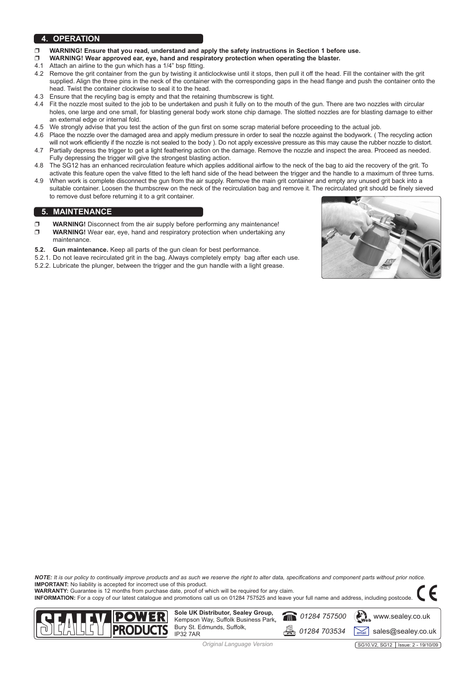 Maintenance, Operation | Sealey SG10 User Manual | Page 2 / 2