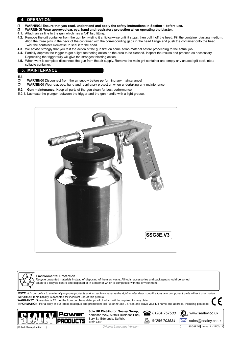 Ssg8e.v3, Maintenance, Operation | Sealey SSG8E User Manual | Page 2 / 2