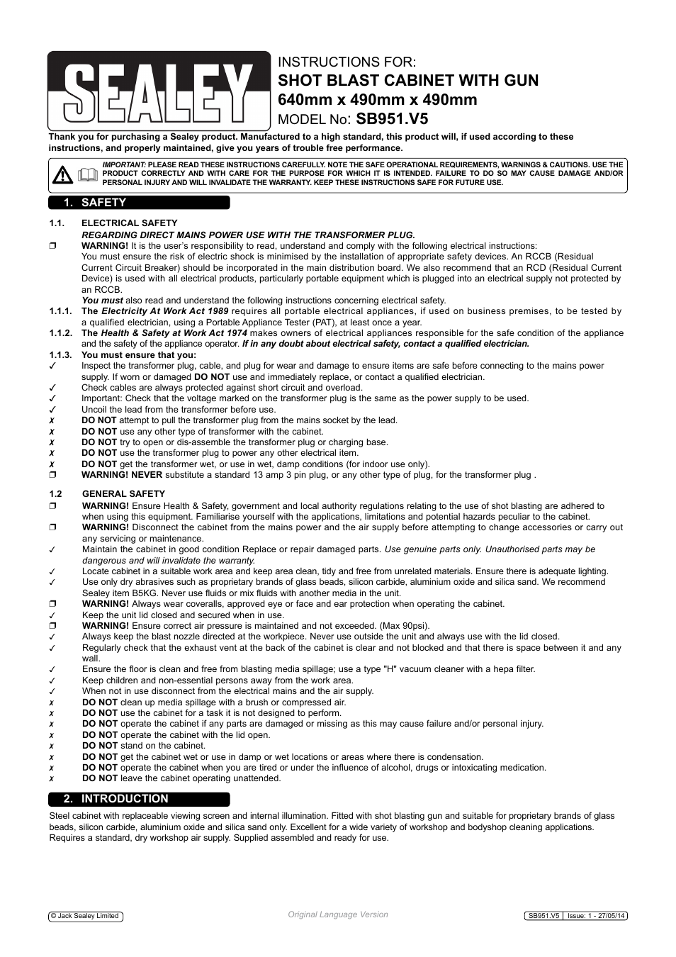 Sealey SB951 User Manual | 3 pages