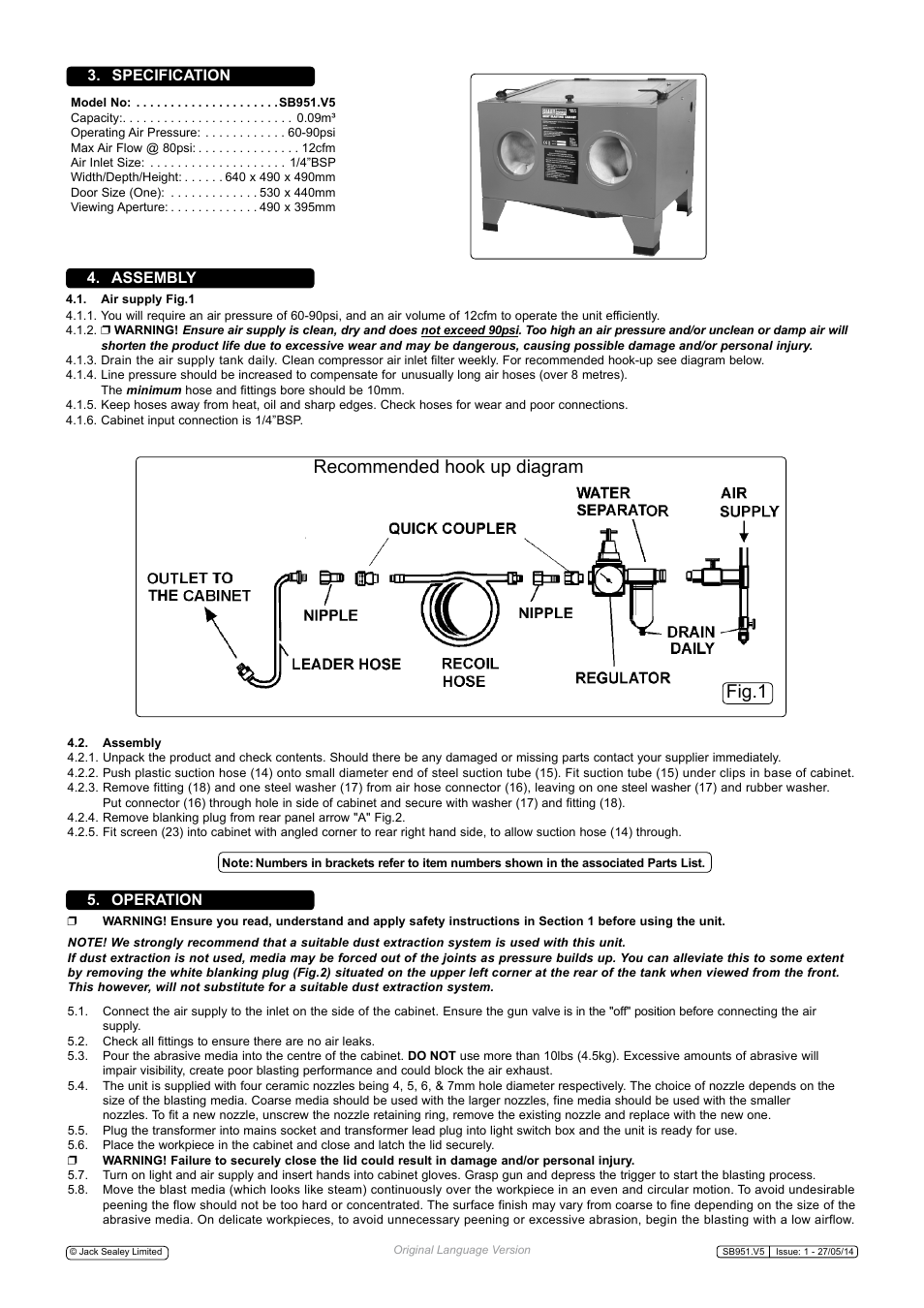 Recommended hook up diagram fig.1, Specification 4. assembly 5. operation | Sealey SB951 User Manual | Page 2 / 3