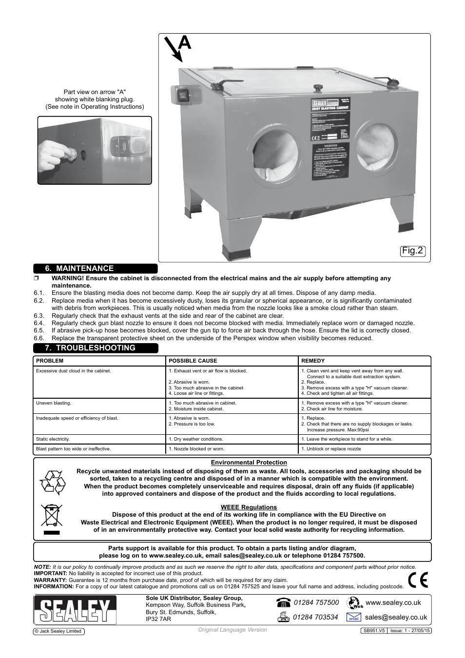 Fig.2, Maintenance, Troubleshooting | Sealey SB951 User Manual | Page 3 / 3