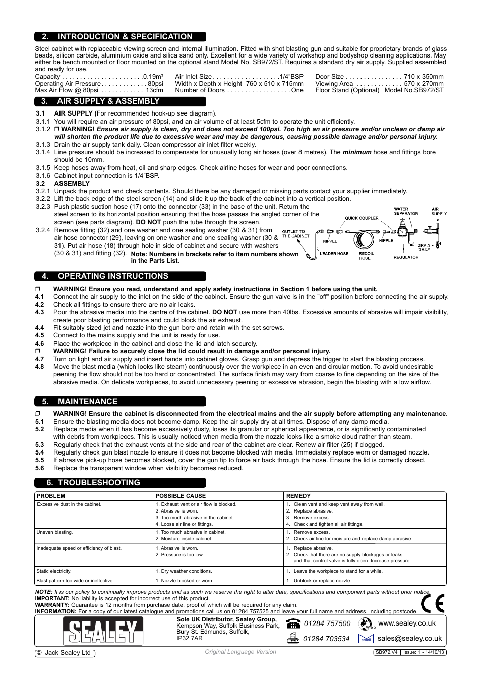 Troubleshooting, Introduction & specification | Sealey SB972 User Manual | Page 2 / 2