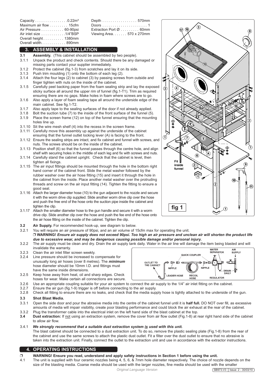 Fig 1, Assembly & installation 4. operating instructions | Sealey SB973 User Manual | Page 2 / 4