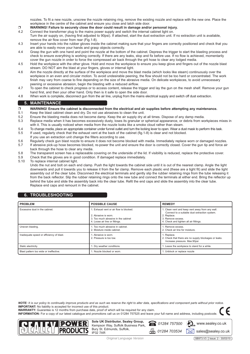 Maintenance 6. troubleshooting | Sealey SB973 User Manual | Page 3 / 4