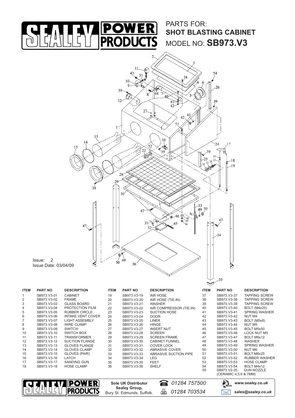 Sb973.v3, Parts for: shot blasting cabinet model no | Sealey SB973 User Manual | Page 4 / 4