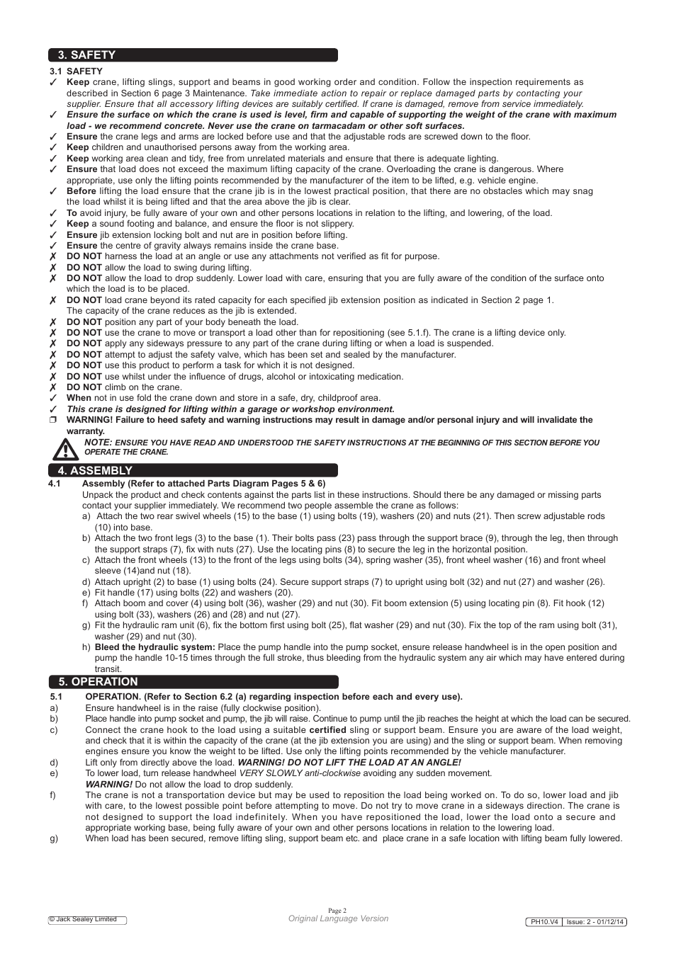 Assembly 3. safety, Operation | Sealey PH10 User Manual | Page 2 / 6