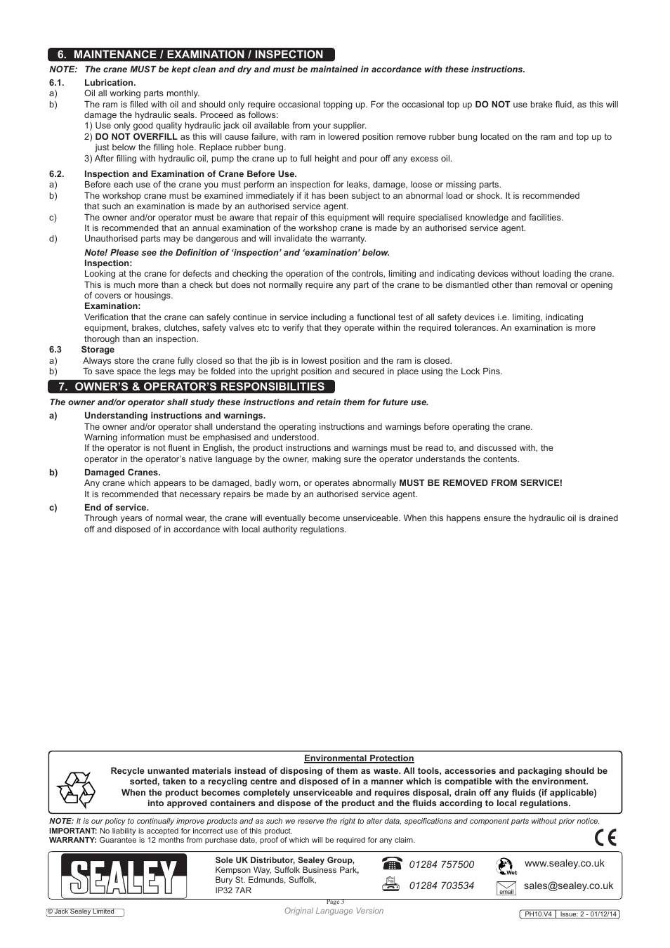 Owner’s & operator’s responsibilities, Maintenance / examination / inspection | Sealey PH10 User Manual | Page 3 / 6