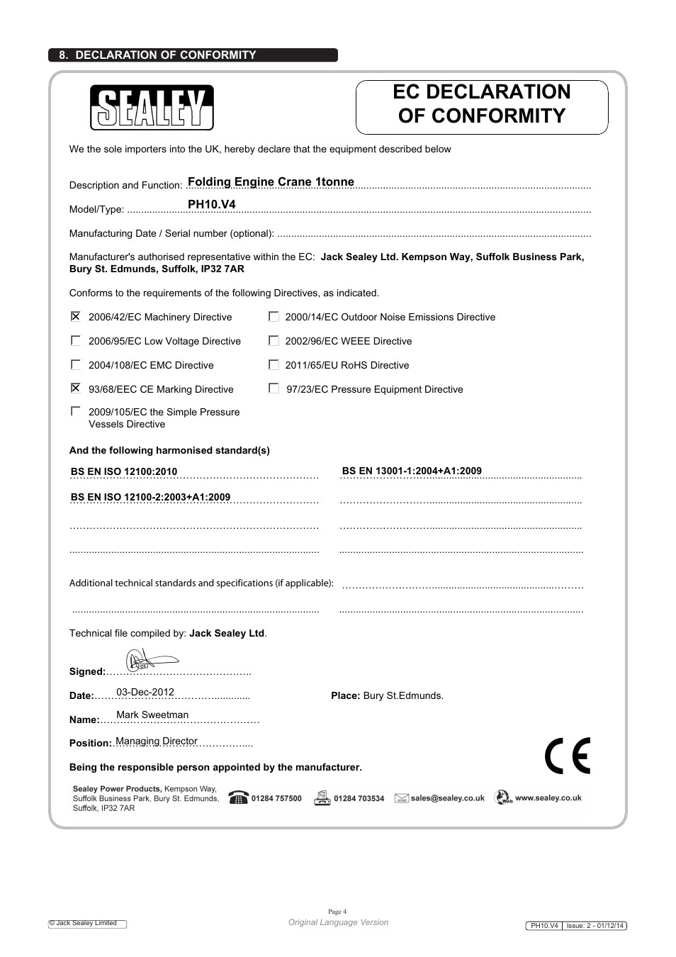 Ec declaration of conformity | Sealey PH10 User Manual | Page 4 / 6