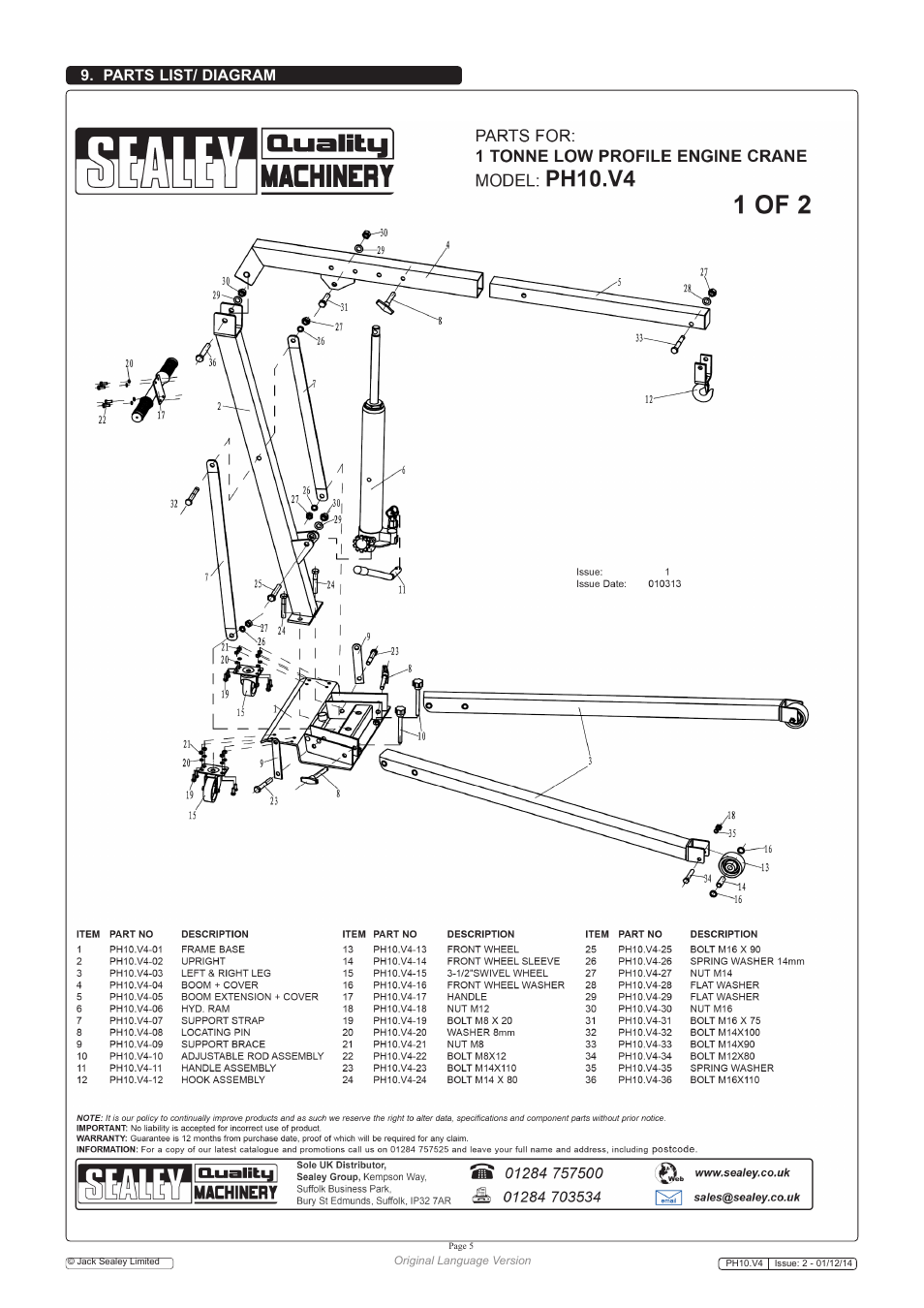 Parts list/ diagram | Sealey PH10 User Manual | Page 5 / 6