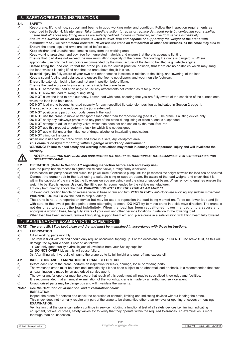 Safety/operating instructions, Maintenance / examination / inspection | Sealey PH20 User Manual | Page 2 / 5