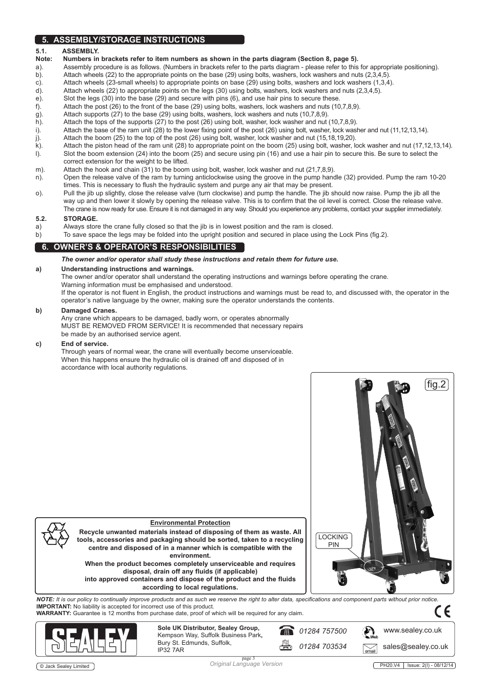 Fig.2, Assembly/storage instructions, Owner’s & operator’s responsibilities | Sealey PH20 User Manual | Page 3 / 5