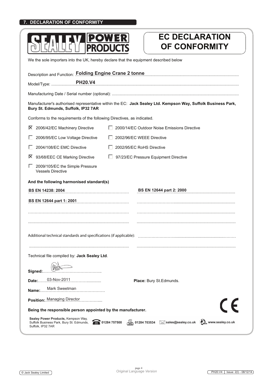 Ec declaration of conformity | Sealey PH20 User Manual | Page 4 / 5