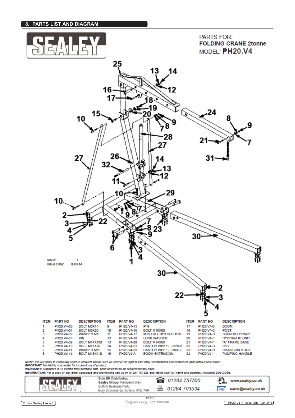 Parts list and diagram | Sealey PH20 User Manual | Page 5 / 5