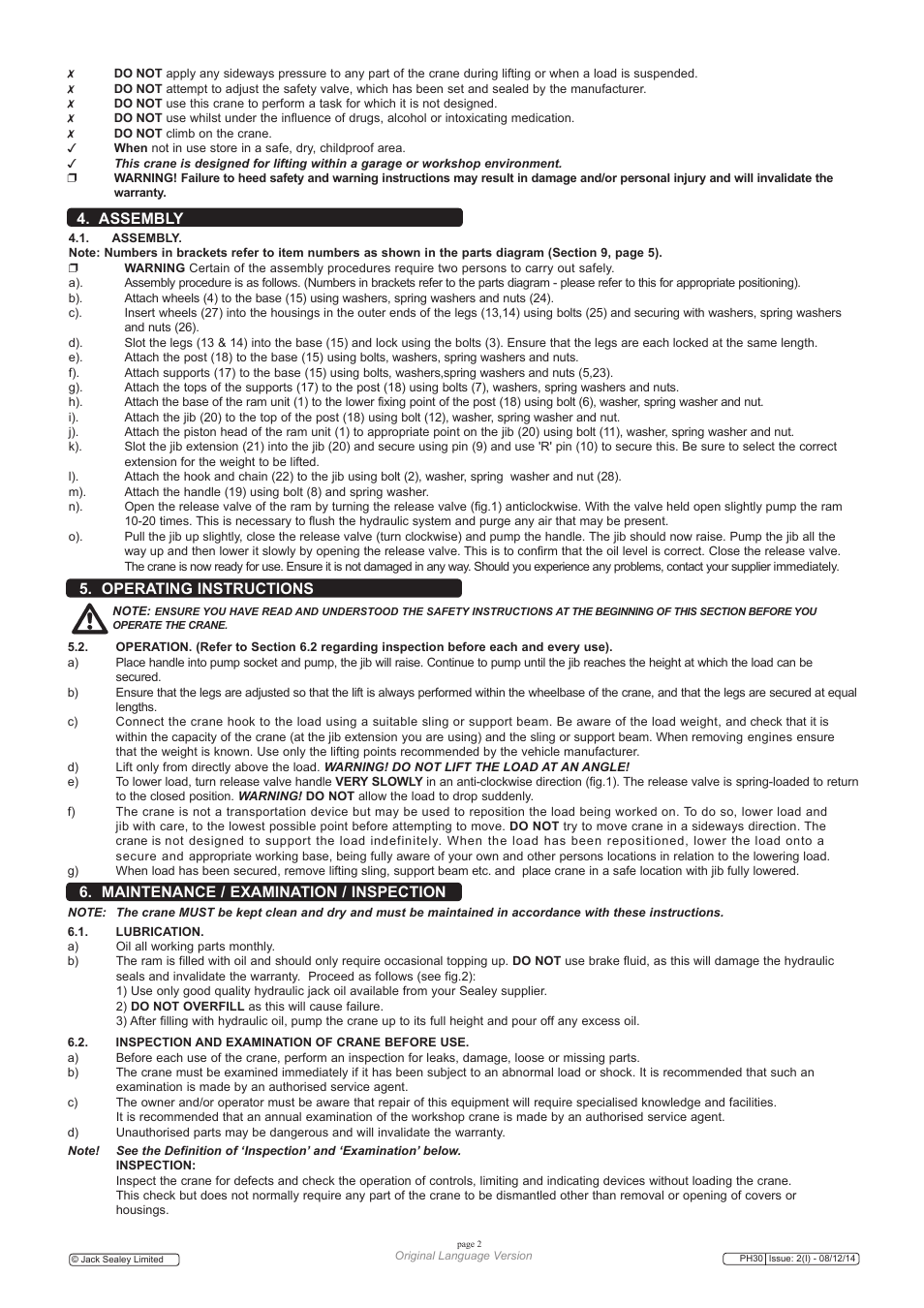 Assembly, Operating instructions, Maintenance / examination / inspection | Sealey PH30 User Manual | Page 2 / 5