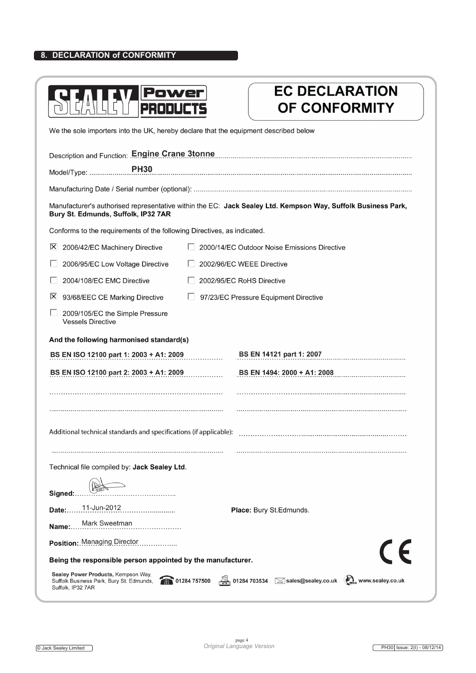 Declaration of conformity | Sealey PH30 User Manual | Page 4 / 5