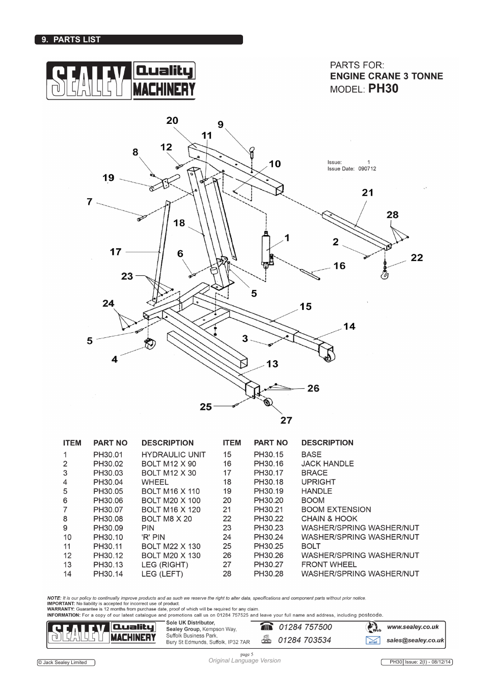 Parts list | Sealey PH30 User Manual | Page 5 / 5