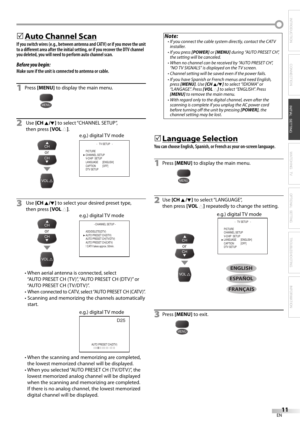 Auto channel scan, Language selection | Dolby Laboratories V07TV13 User Manual | Page 11 / 24