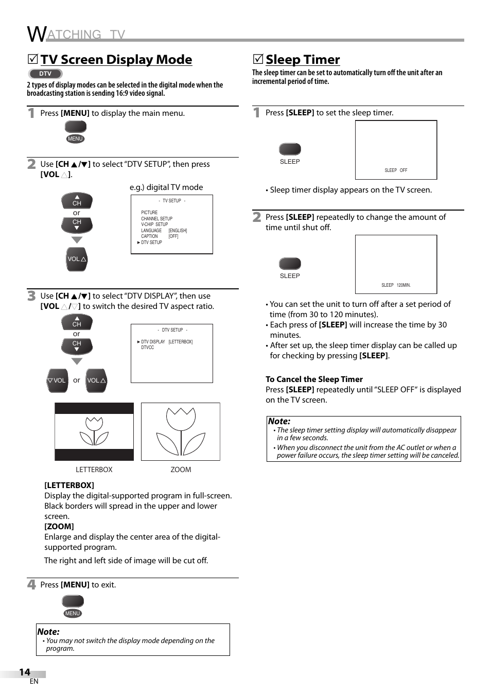 Atching tv, Tv screen display mode, 5sleep timer | Dolby Laboratories V07TV13 User Manual | Page 14 / 24