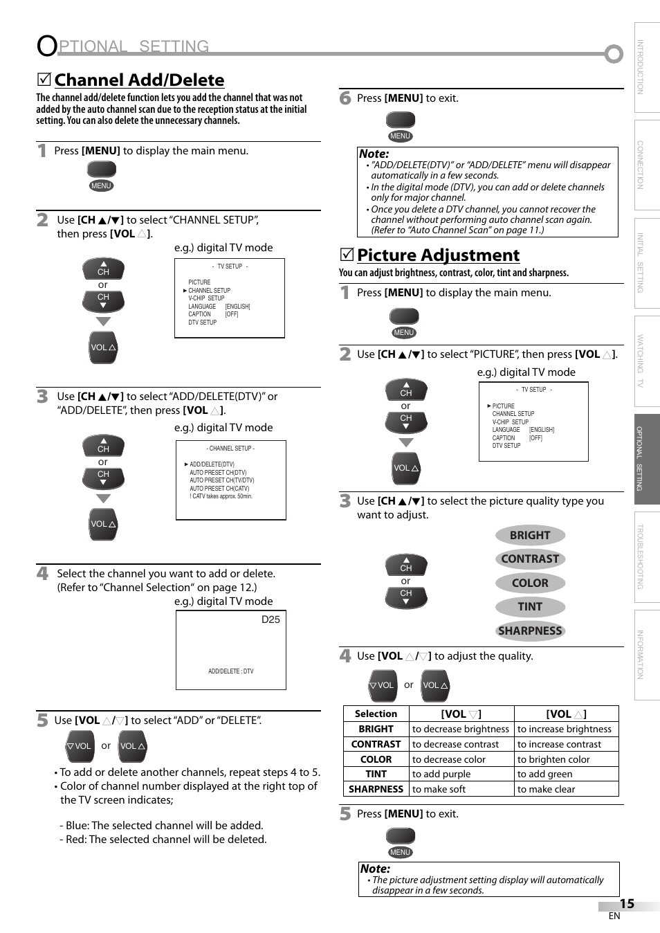 Ptional setting, Channel add/delete, Picture adjustment | Dolby Laboratories V07TV13 User Manual | Page 15 / 24