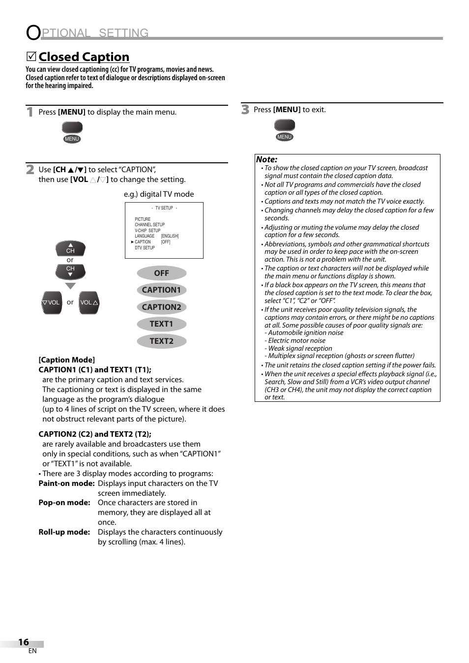 Ptional setting, Closed caption | Dolby Laboratories V07TV13 User Manual | Page 16 / 24