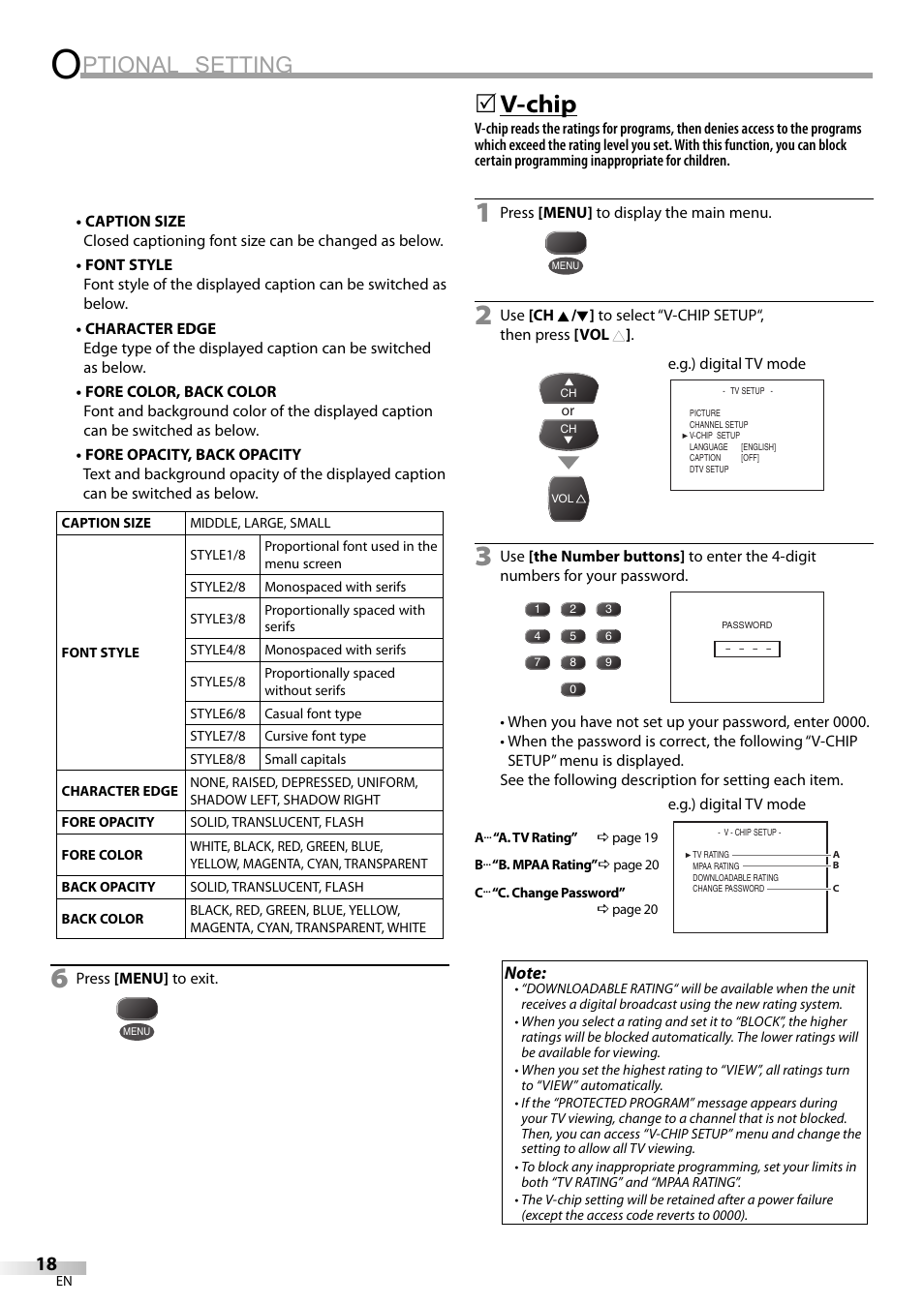 Ptional setting, V-chip | Dolby Laboratories V07TV13 User Manual | Page 18 / 24