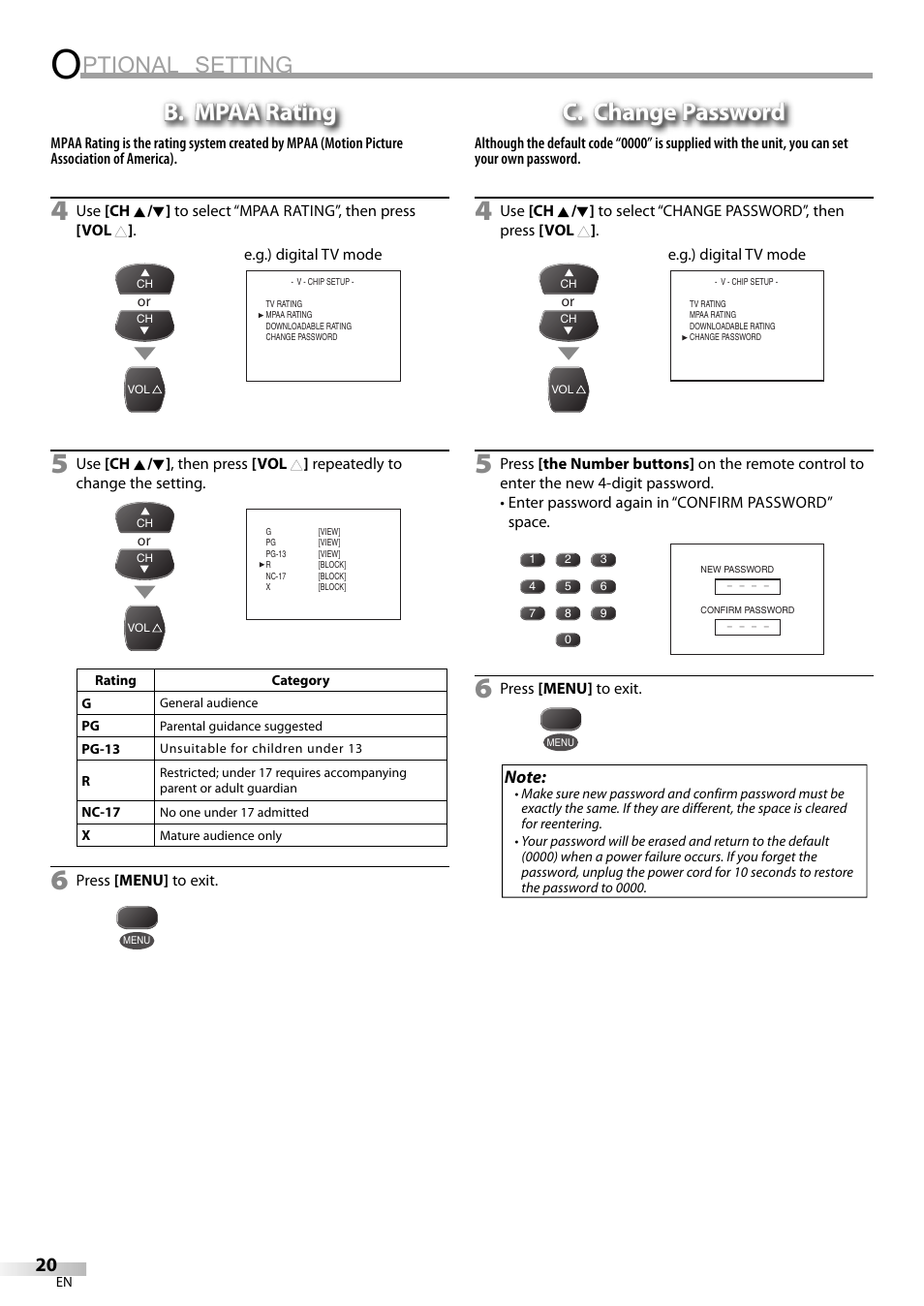 Ptional setting, B. mpaa rating, C. change password | Dolby Laboratories V07TV13 User Manual | Page 20 / 24