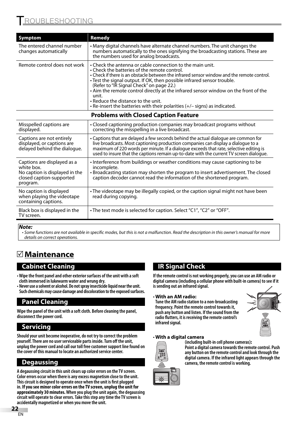 Roubleshooting, Maintenance 5, Cabinet cleaning | Panel cleaning, Servicing, Degaussing, Ir signal check | Dolby Laboratories V07TV13 User Manual | Page 22 / 24