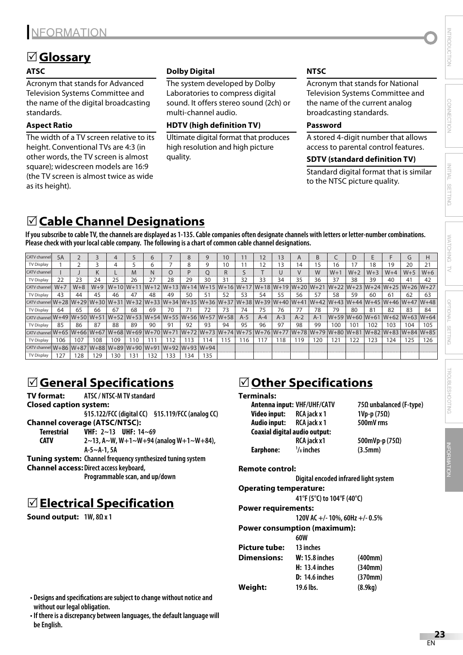 Nformation, Glossary 5, Electrical specification | 5other specifications, Troubleshooting information | Dolby Laboratories V07TV13 User Manual | Page 23 / 24