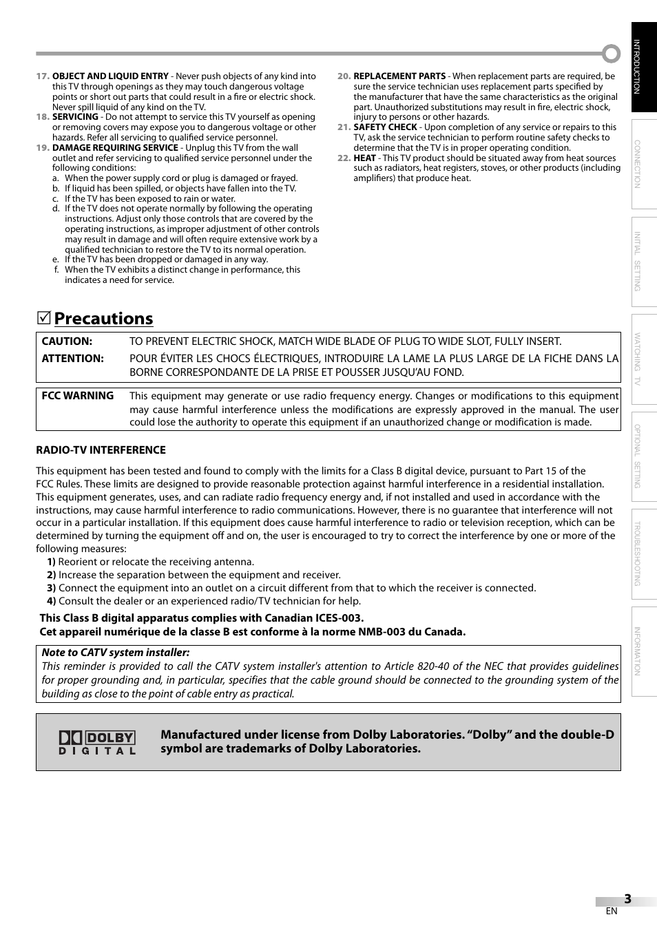 Precautions | Dolby Laboratories V07TV13 User Manual | Page 3 / 24