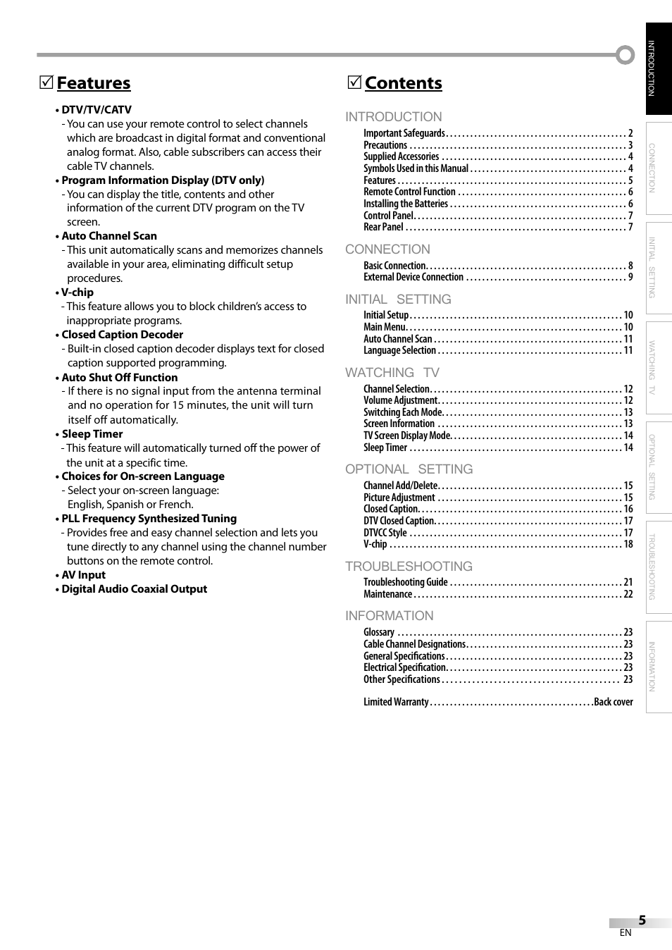 Introduction, Connection, Initial setting | Watching tv, Optional setting, Troubleshooting, Information, Contents 5, Features 5 | Dolby Laboratories V07TV13 User Manual | Page 5 / 24