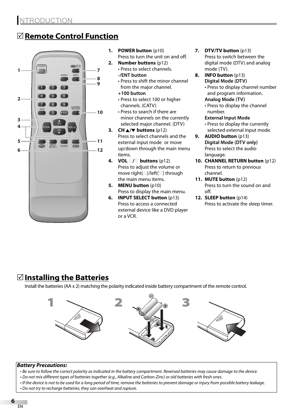 Ntroduction, Remote control function 5, Installing the batteries | Dolby Laboratories V07TV13 User Manual | Page 6 / 24