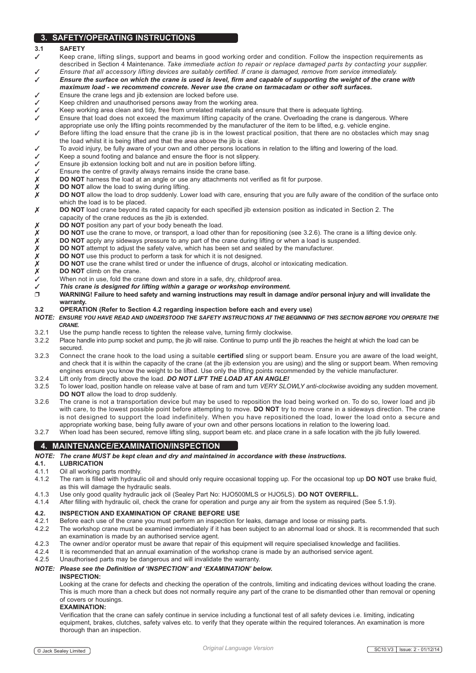 Safety/operating instructions, Maintenance/examination/inspection | Sealey SC10 User Manual | Page 2 / 3