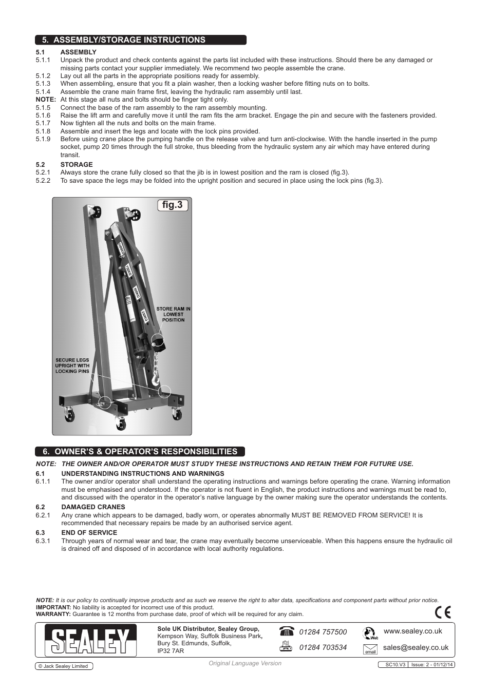 Fig.3, Assembly/storage instructions, Owner’s & operator’s responsibilities | Sealey SC10 User Manual | Page 3 / 3