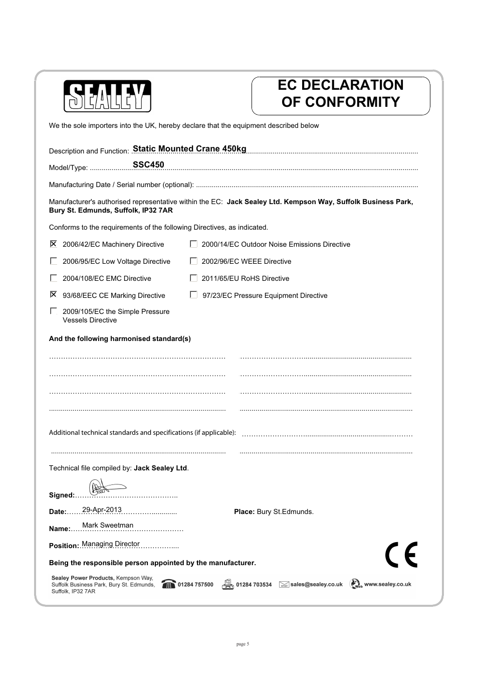 Ec declaration of conformity | Sealey SSC450 User Manual | Page 5 / 8