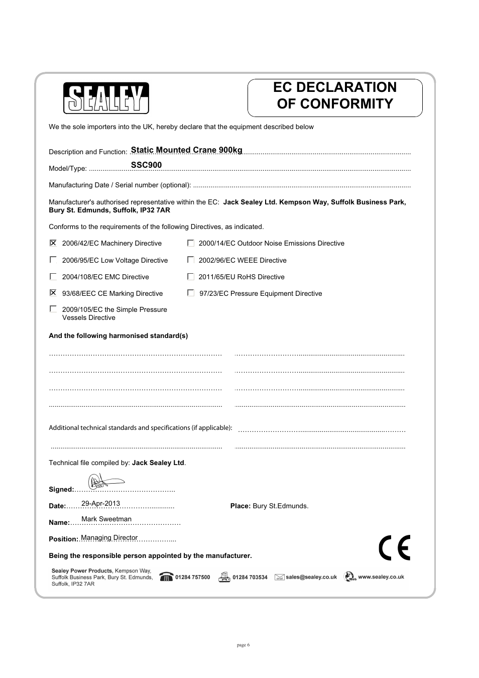 Ec declaration of conformity | Sealey SSC450 User Manual | Page 6 / 8