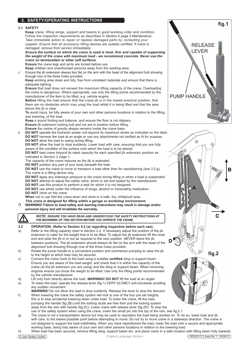 Fig.1 pump handle release lever, Fig.2, Safety/operating instructions | Sealey WD202 User Manual | Page 2 / 4
