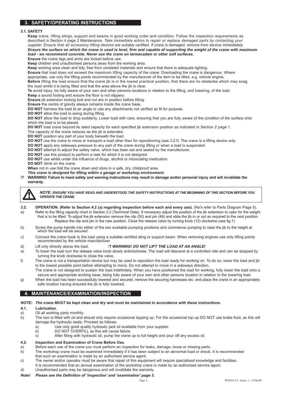 Safety/operating instructions, Maintenance/examination/inspection | Sealey WD302 User Manual | Page 2 / 5