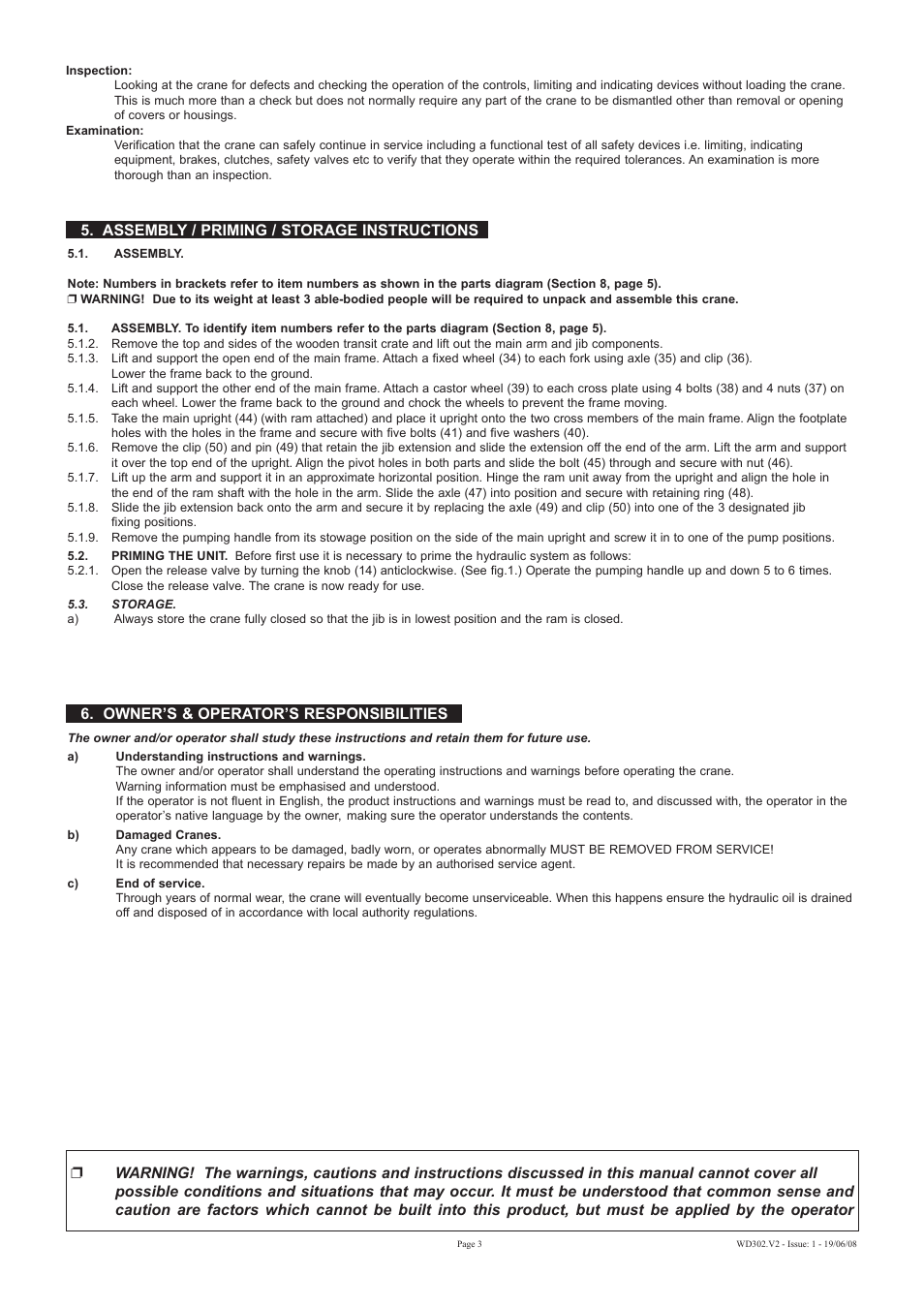 Assembly / priming / storage instructions, Owner’s & operator’s responsibilities | Sealey WD302 User Manual | Page 3 / 5