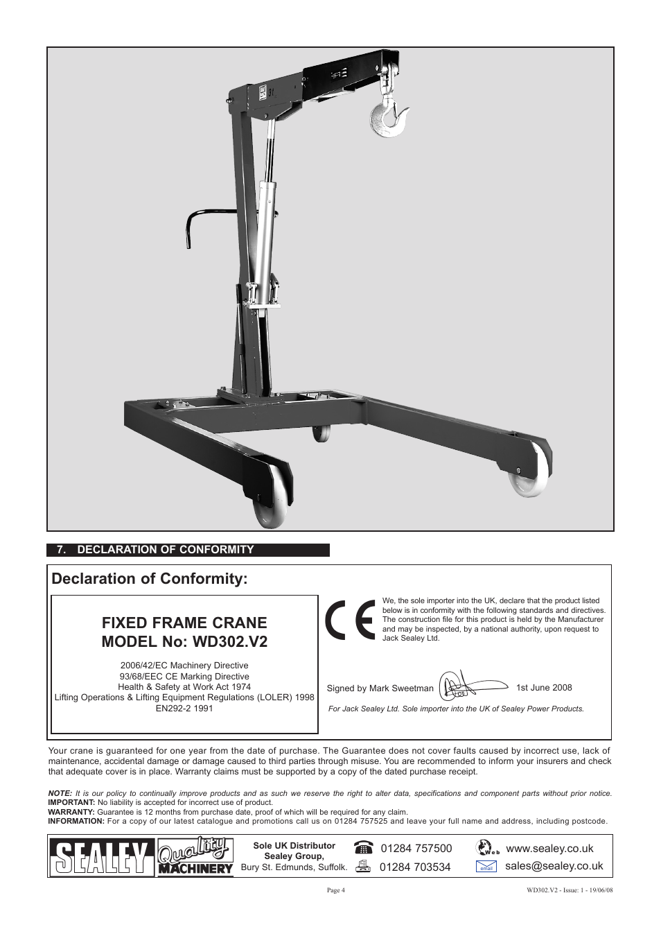 Fixed frame crane model no: wd302.v2, Declaration of conformity | Sealey WD302 User Manual | Page 4 / 5