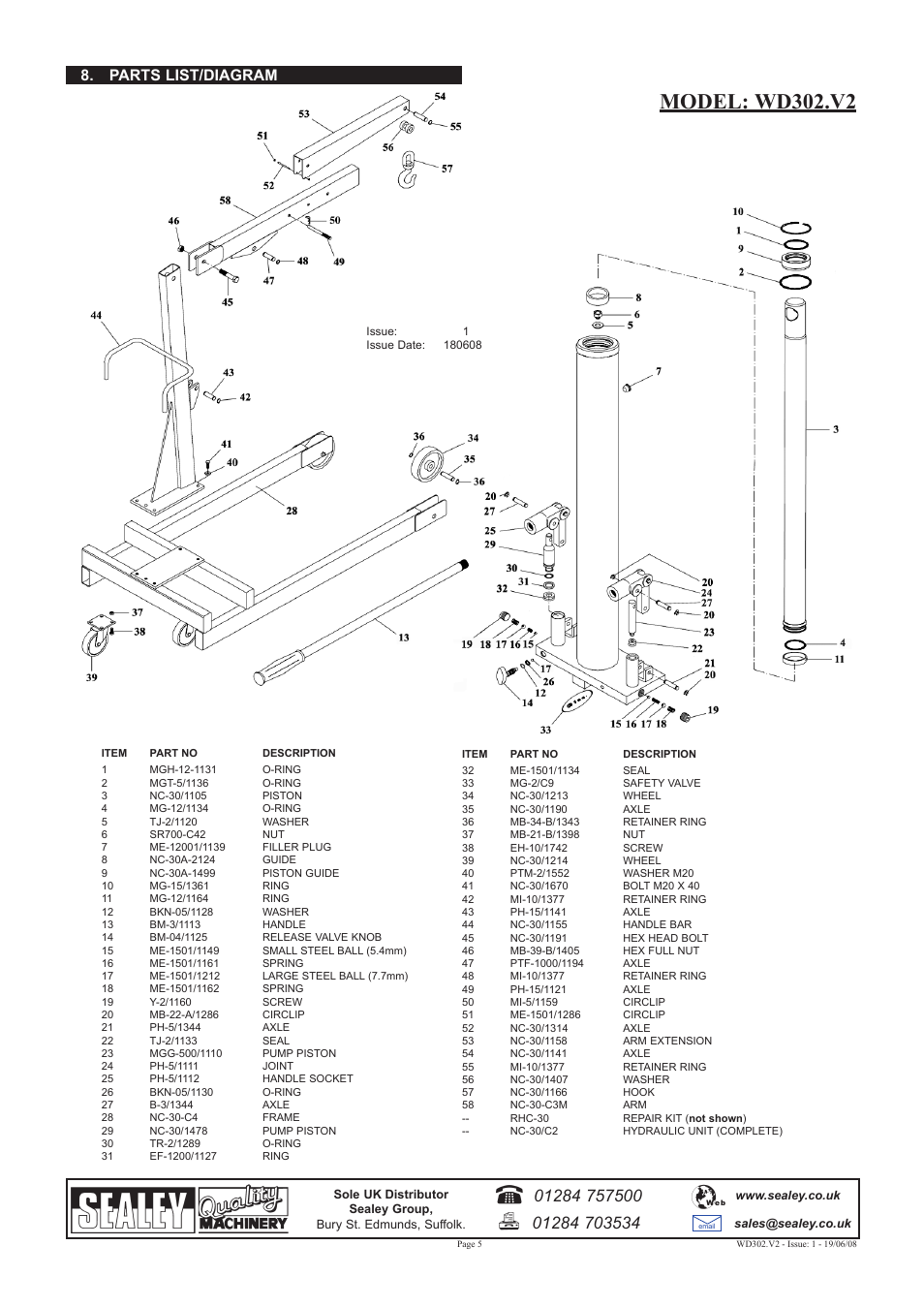 Model: wd302.v2, Parts list/diagram | Sealey WD302 User Manual | Page 5 / 5