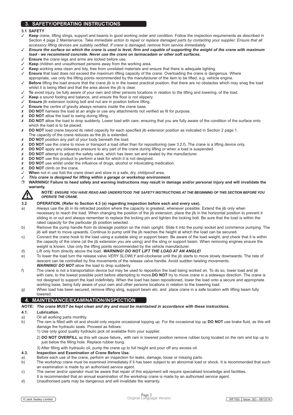 Safety/operating instructions, Maintenance/examination/inspection | Sealey WF10Q User Manual | Page 2 / 6