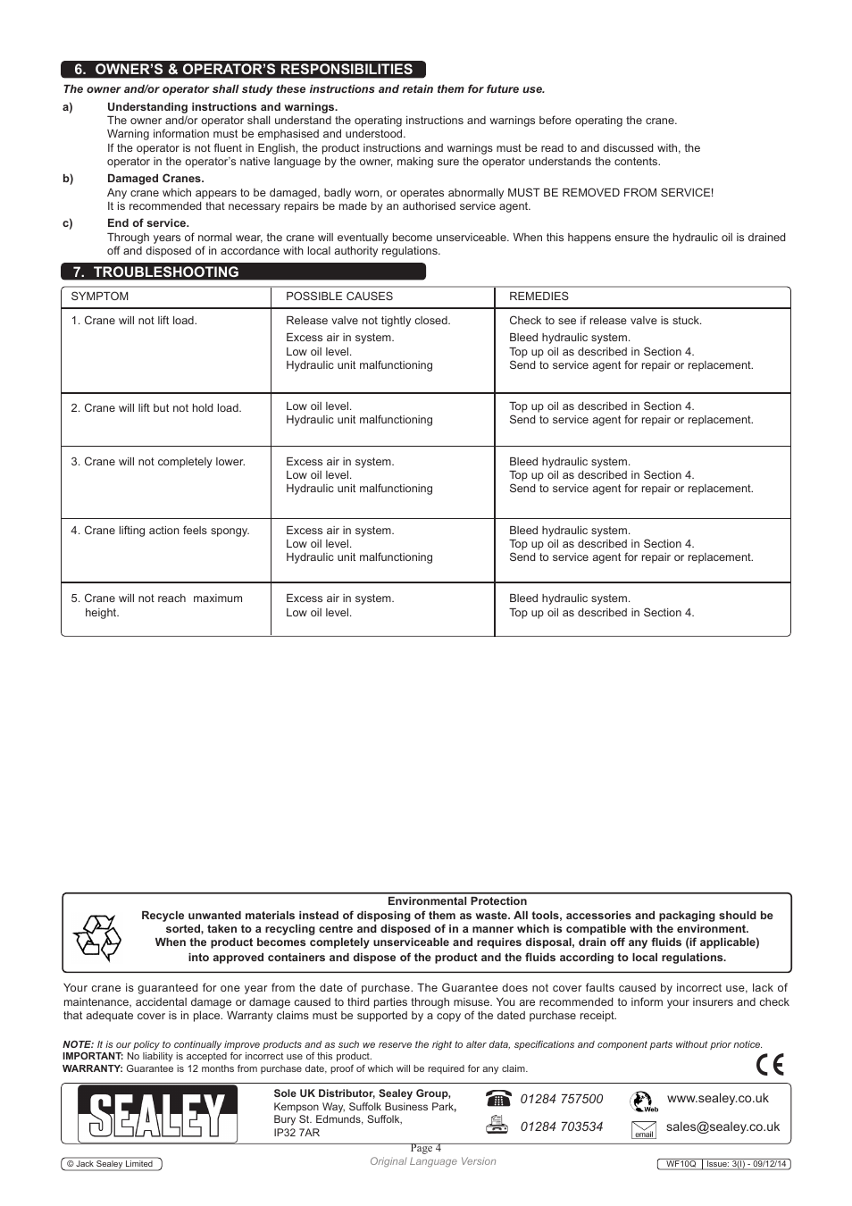 Troubleshooting, Owner’s & operator’s responsibilities | Sealey WF10Q User Manual | Page 4 / 6