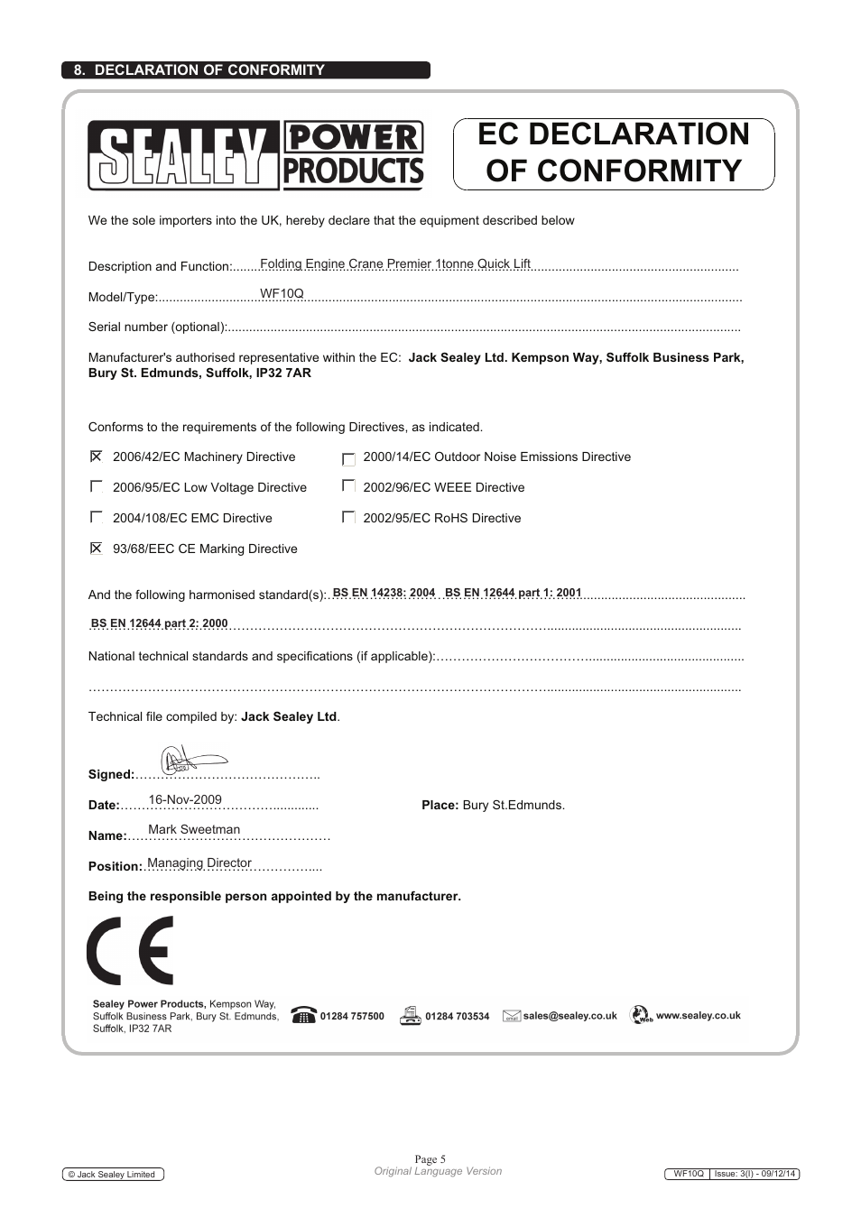 Ec declaration of conformity | Sealey WF10Q User Manual | Page 5 / 6