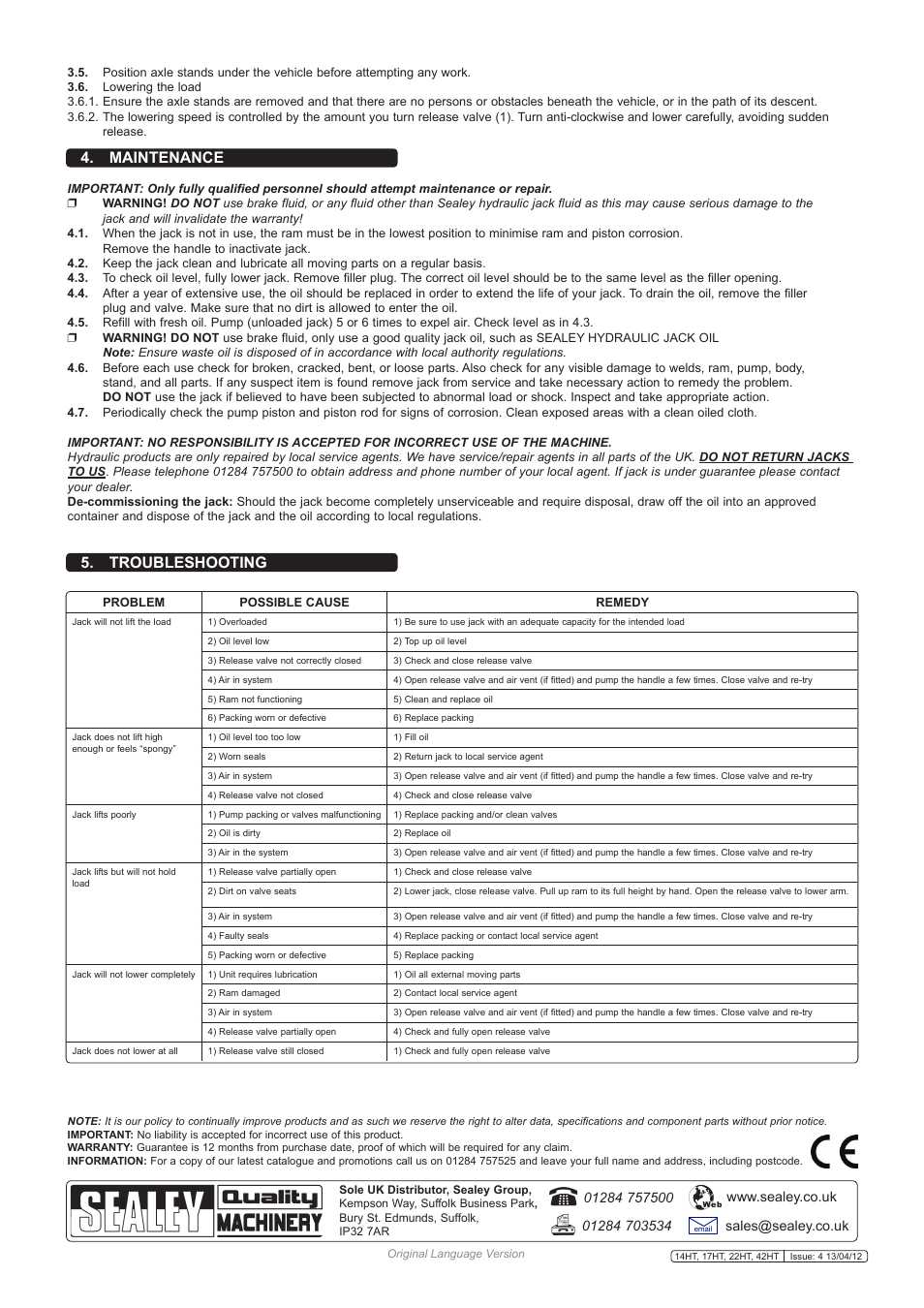 Maintenance 5. troubleshooting | Sealey 14HT User Manual | Page 2 / 3