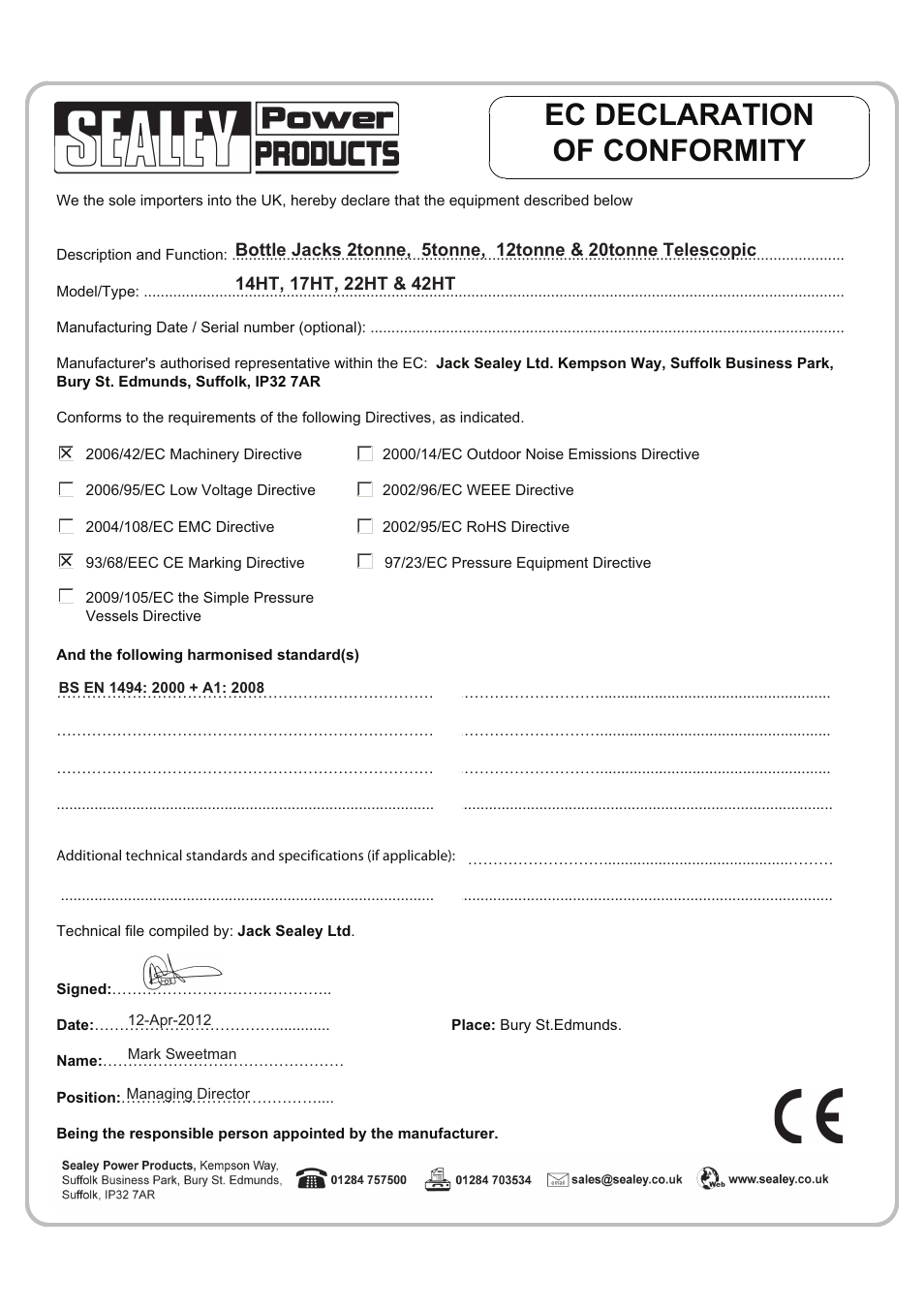 Ec declaration of conformity | Sealey 14HT User Manual | Page 3 / 3