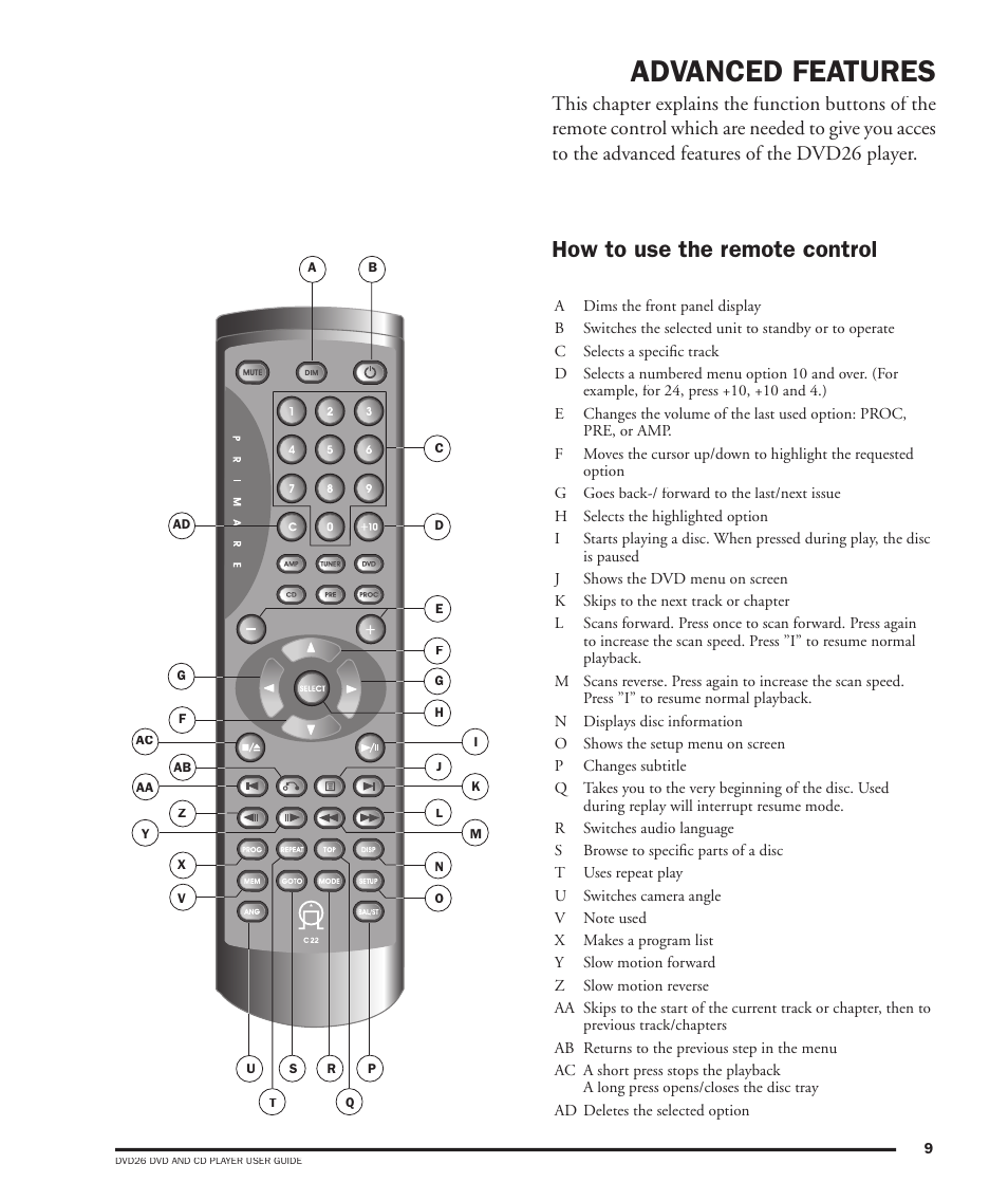 Advanced features, How to use the remote control | Dolby Laboratories DVD26 User Manual | Page 13 / 32