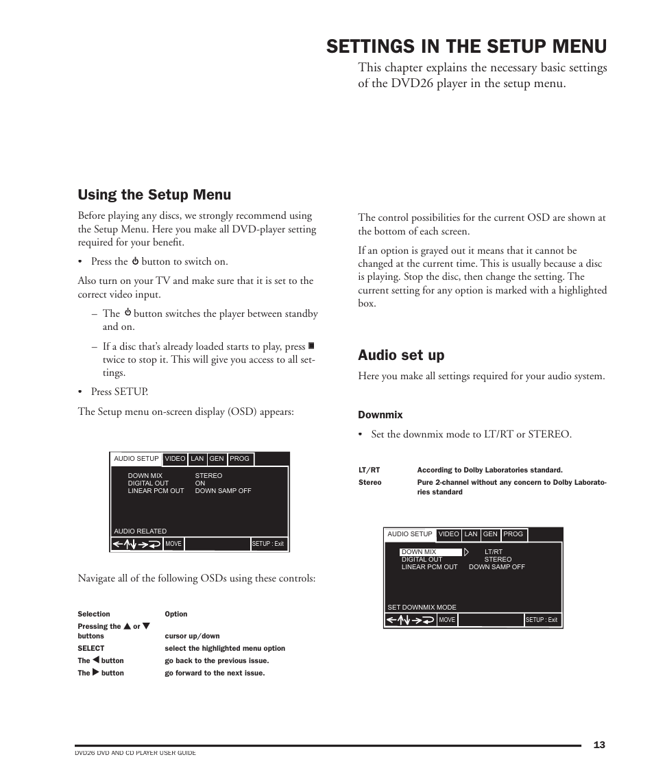 Settings in the setup menu, Using the setup menu, Audio set up | Dolby Laboratories DVD26 User Manual | Page 17 / 32