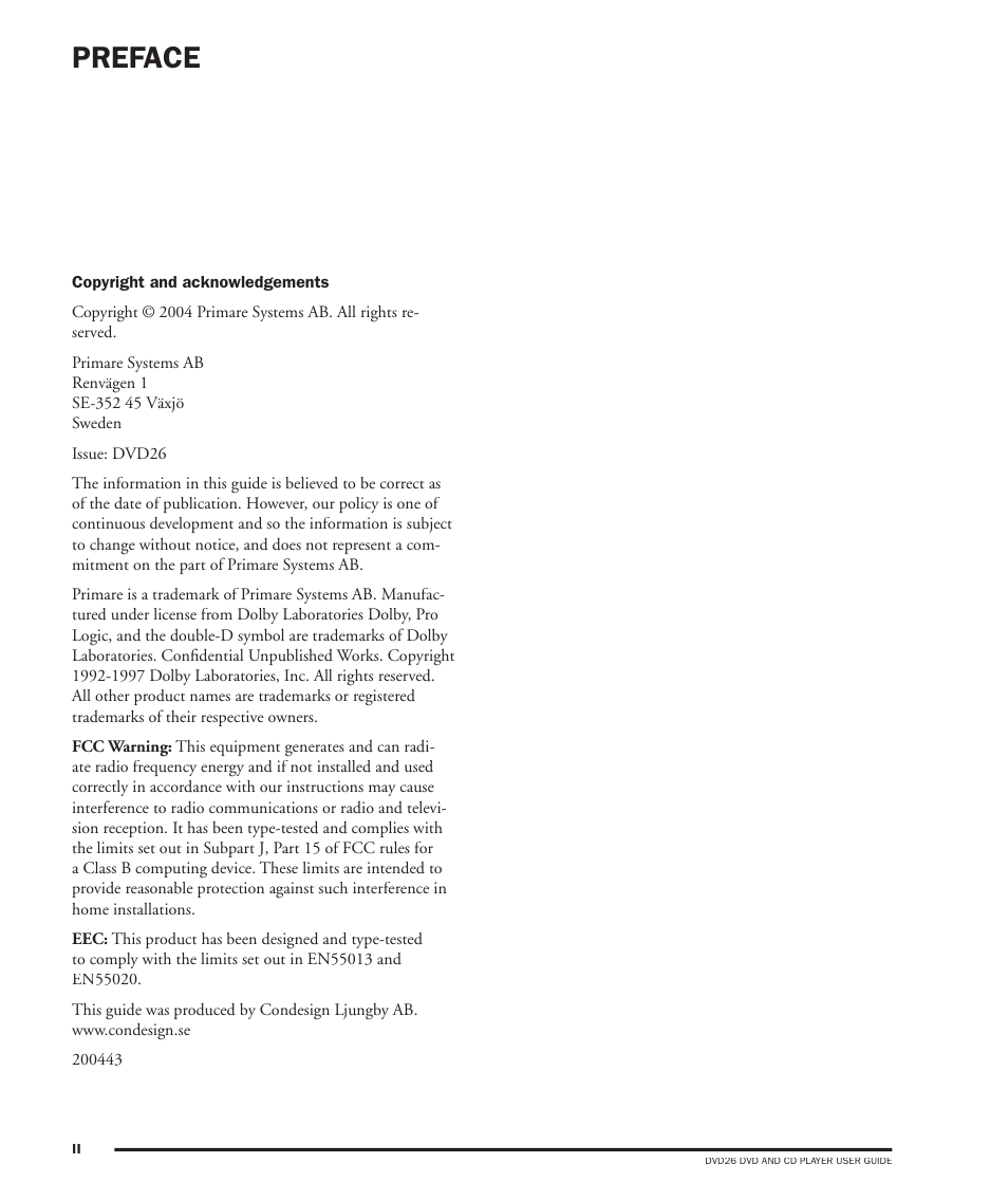 Preface | Dolby Laboratories DVD26 User Manual | Page 2 / 32
