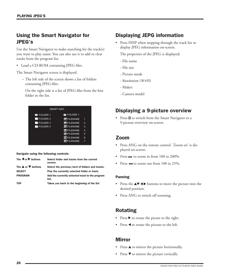 Displaying jepg information, Using the smart navigator for jpeg's, Displaying a 9-picture overview | Zoom, Rotating, Mirror | Dolby Laboratories DVD26 User Manual | Page 30 / 32